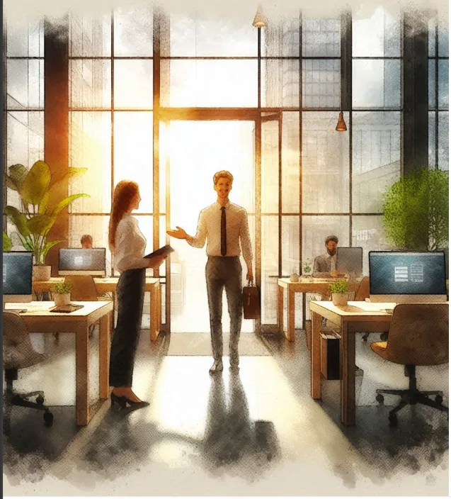 Accueil d’un client dans un bureau lumineux, aquarelle