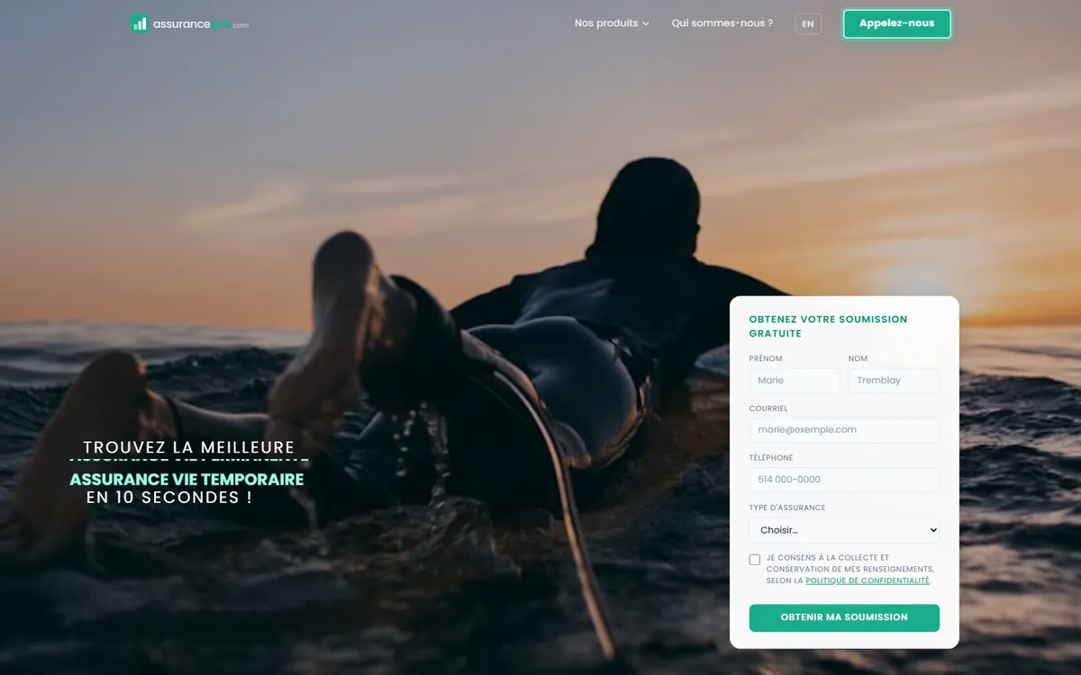 Page d’accueil du site assuranceprix.com